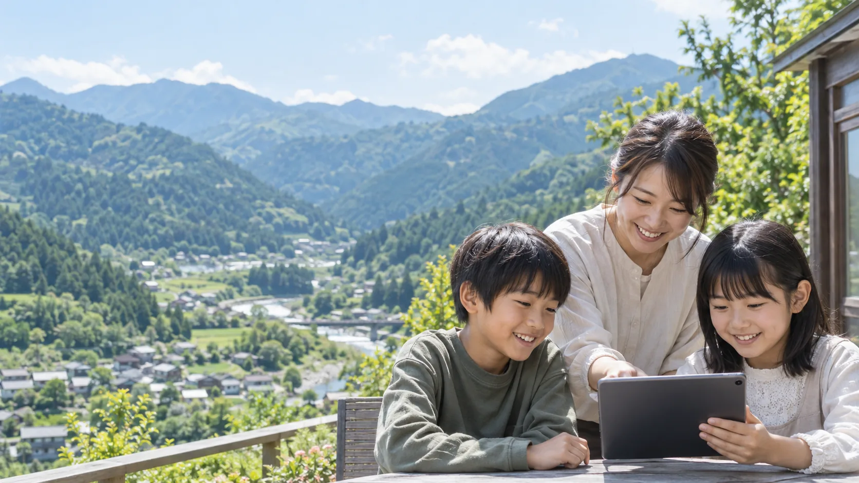 神山の自然を背景に、タブレットで一緒に学ぶ子どもたちと先生